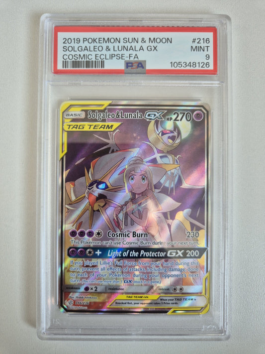 PSA 9 Solgaleo & Lunala GX Full Art 216/236 Cosmic Eclipse Lillie Tag Team 2019
