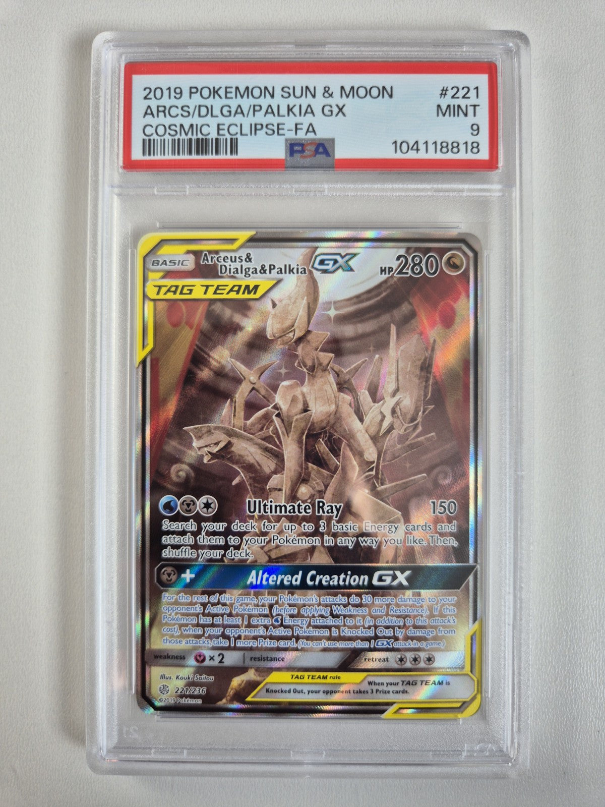 PSA 9 Arceus Dialga Palkia GX 221/236 Alt Art Cosmic Eclipse Pokemon Rare MINT