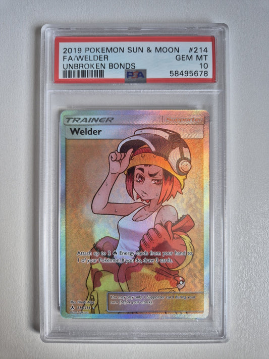 PSA 10 Welder 214/214 Full Art Trainer Pokemon Sun&Moon Unbroken Bonds GEM MINT