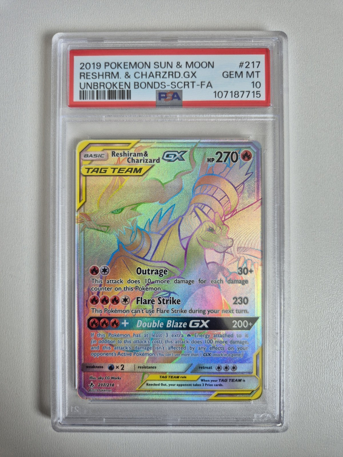 PSA 10 Reshiram & Charizard GX 217/214 Unbroken Bonds Pokemon Sun&Moon GEM MINT