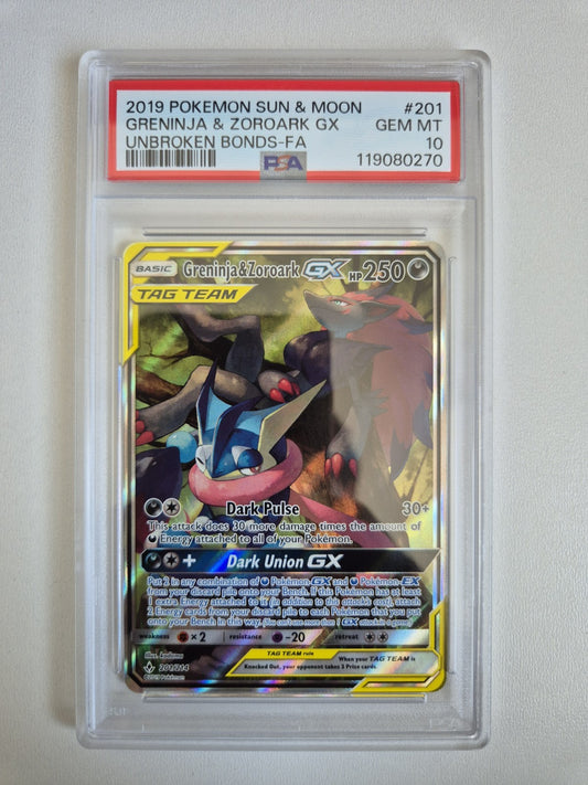 PSA 10 Greninja & Zoroark GX Alt Art 201/214 Pokemon SM Unbroken Bonds GEM MINT