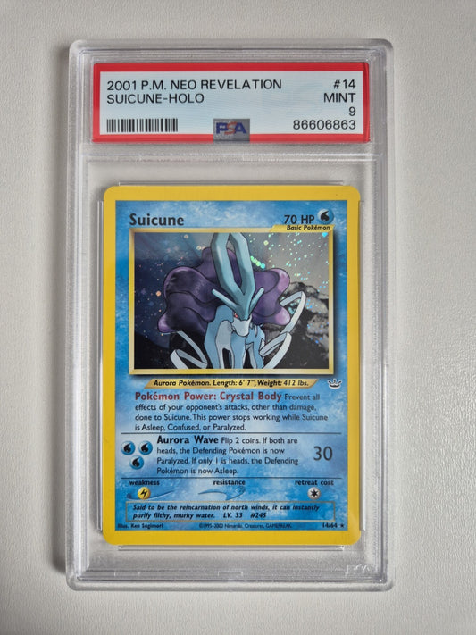 PSA 9 Suicune Neo Revelation Unlimited Holo Rare 14/64 Pokemon TCG 2001 MINT