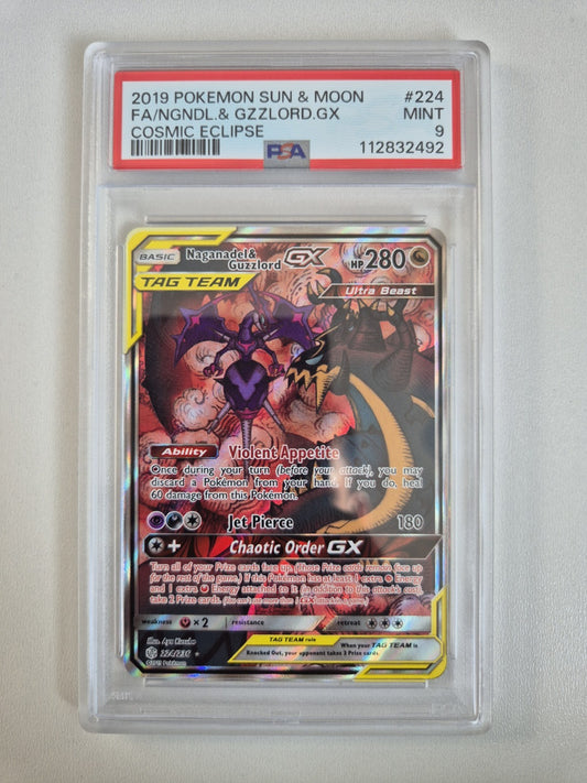 PSA 9 Naganadel & Guzzlord GX 224/236 Cosmic Eclipse Full Art Pokemon 2019 MINT