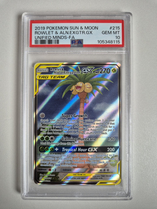 PSA 10 Rowlet & Alolan Exeggutor GX 215/236 Alt Art Unified Minds Rare GEM MINT