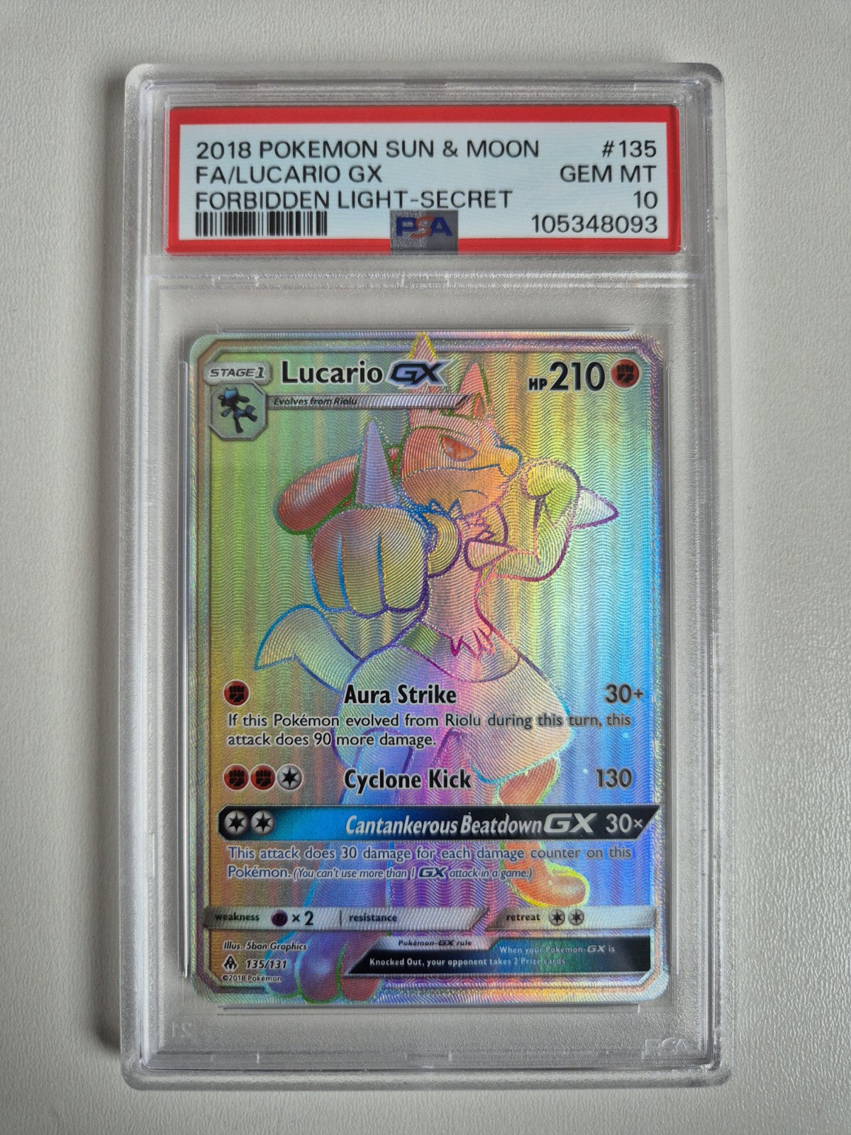 PSA 10 Lucario GX 135/131 Forbidden Light Secret Rare Full Art Pokemon Gem Mint