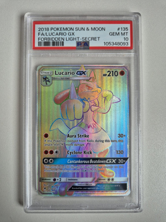 PSA 10 Lucario GX 135/131 Forbidden Light Secret Rare Full Art Pokemon Gem Mint
