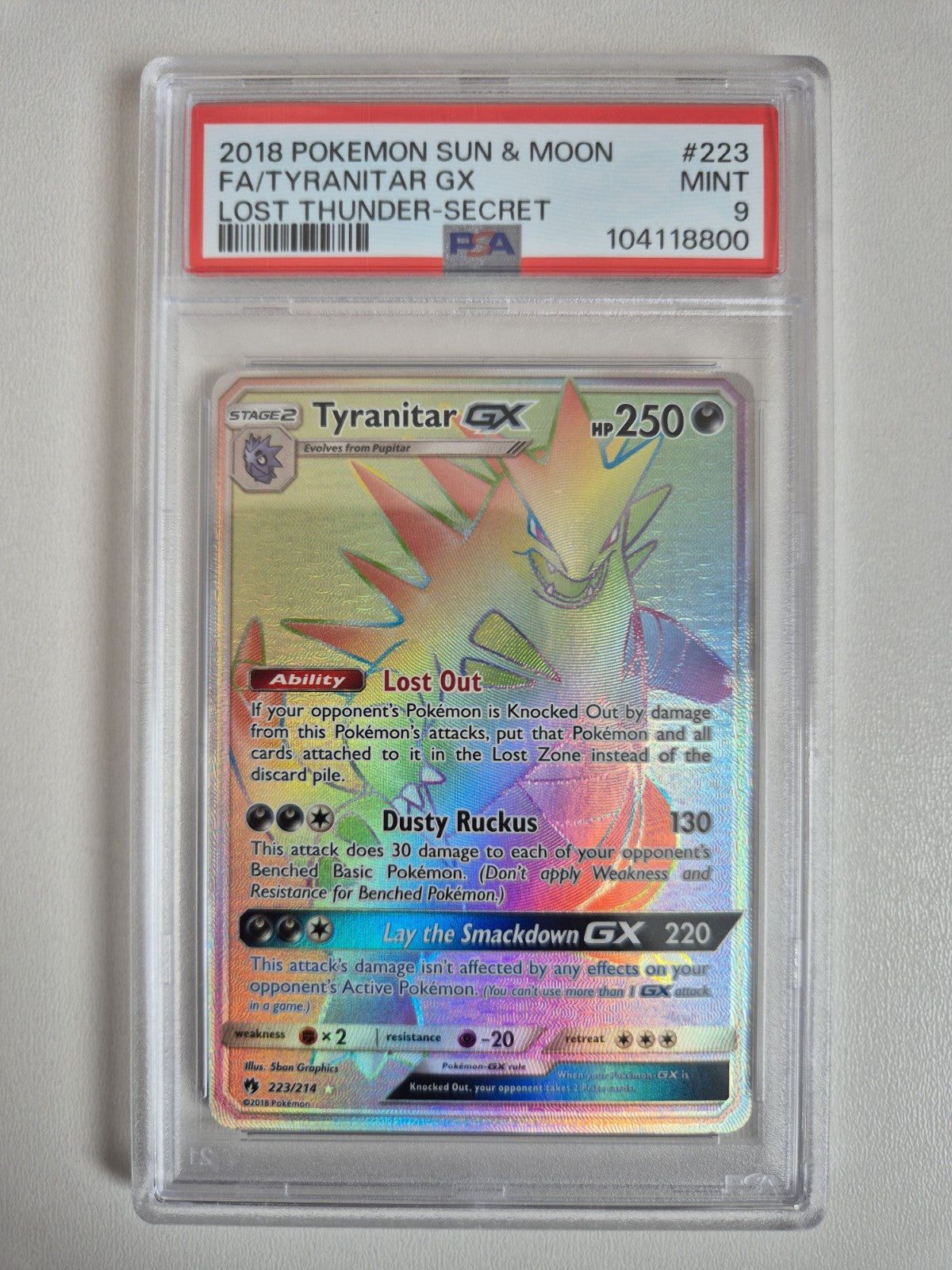 PSA 9 Tyranitar GX 223/214 Secret Rare Lost Thunder Rainbow Pokemon MINT