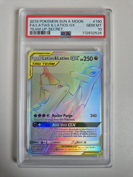 PSA 10 Latias & Latios GX (Secret) 190/181 Team Up Sun & Moon Pokemon GEM MINT