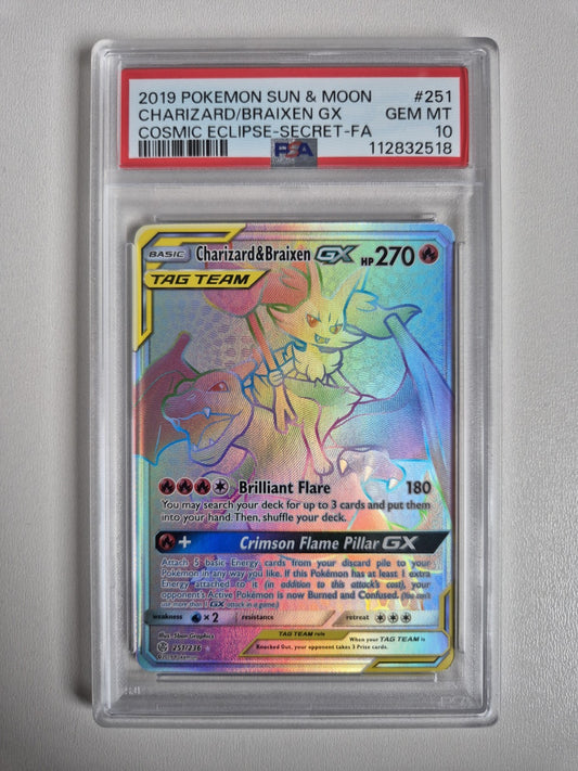 PSA 10 Charizard & Braixen GX 251/236 Cosmic Eclipse Rainbow Pokemon GEM MINT