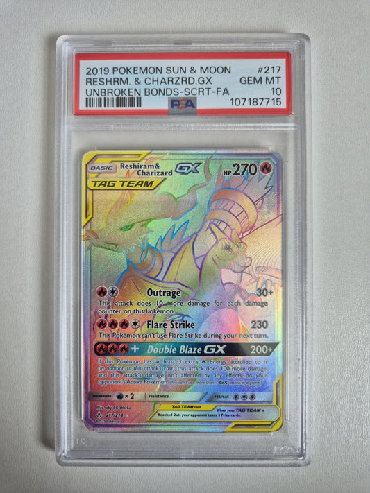 PSA 10 Reshiram & Charizard GX 217/214 Unbroken Bonds Pokemon Sun&Moon GEM MINT