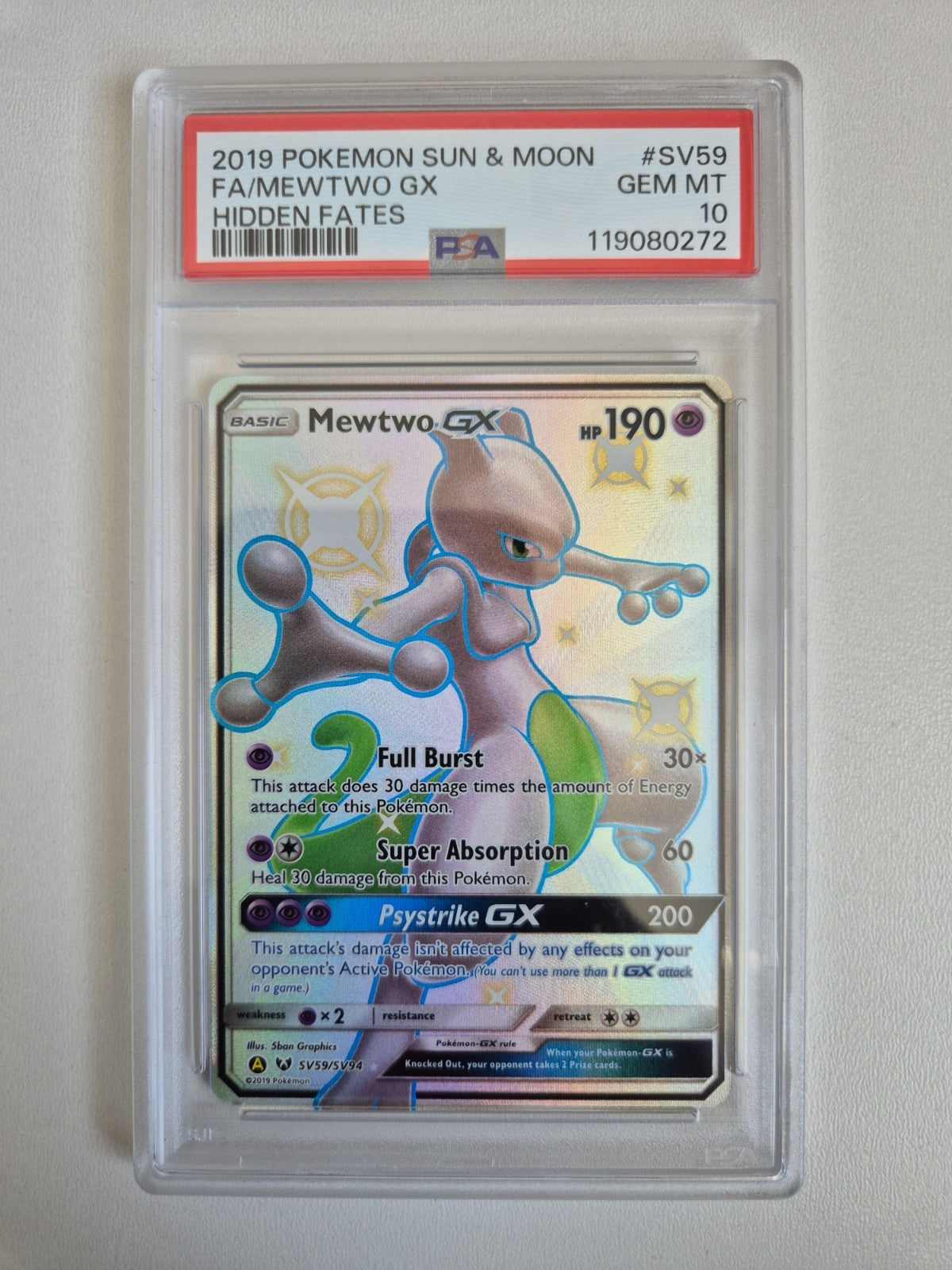 PSA 10 Mewtwo GX SV59/SV94 Shiny Full Art Hidden Fates Pokemon 2019 GEM MINT