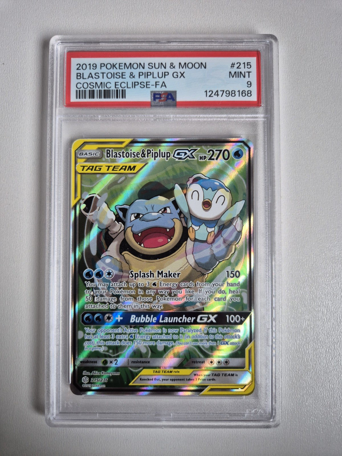 PSA 9 Blastoise & Piplup GX #215 Sun & Moon Cosmic Eclipse 2019 Pokemon MINT