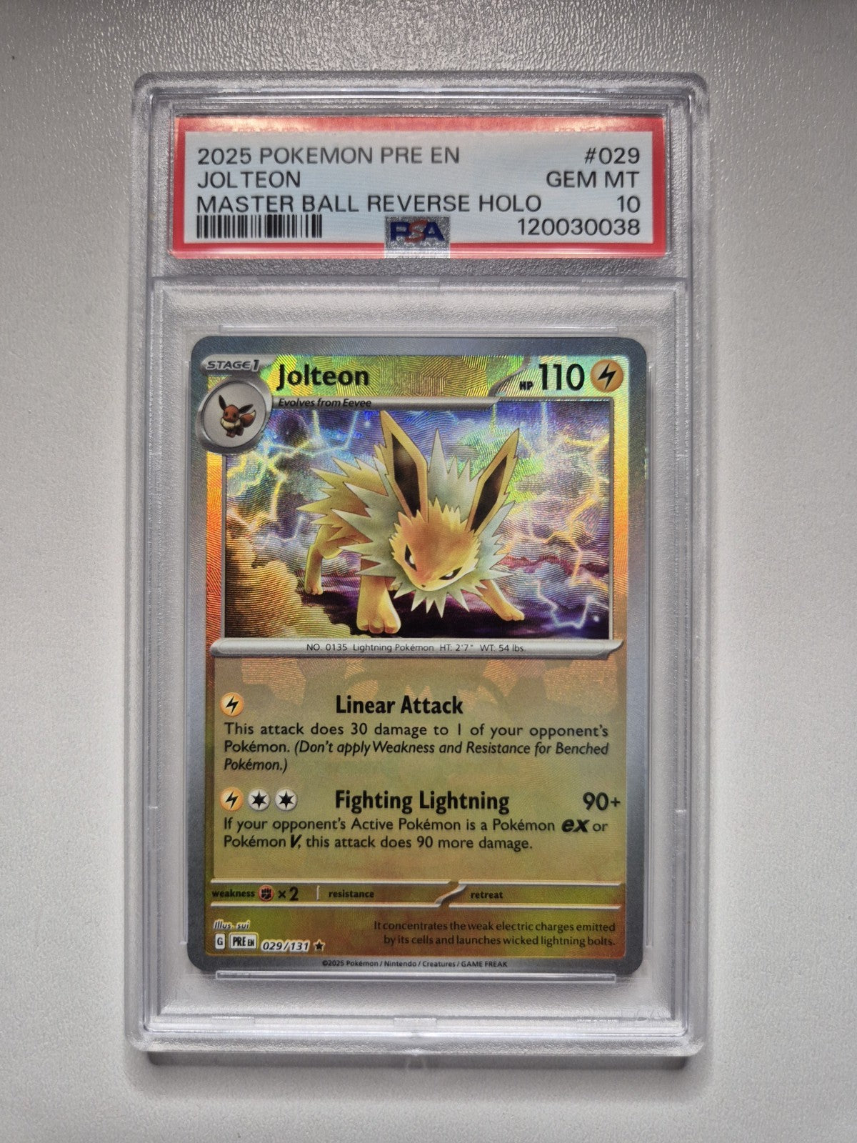 PSA 10 Jolteon #029 Master Ball Prismatic Evolutions Reverse Holo Pokémon GEM MT