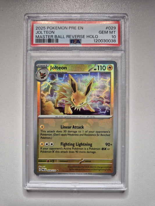 PSA 10 Jolteon #029 Master Ball Prismatic Evolutions Reverse Holo Pokémon GEM MT