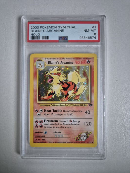PSA 8 Blaine's Arcanine 1/132 Gym Challenge Holo WOTC Vintage Pokemon NM-MT