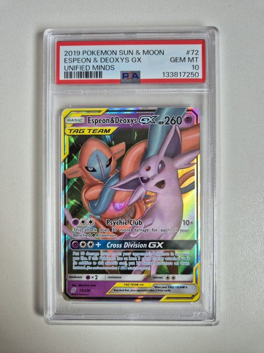 PSA 10 Espeon & Deoxys GX 72/236 Unified Minds Sun and Moon Tag Team GEM MINT