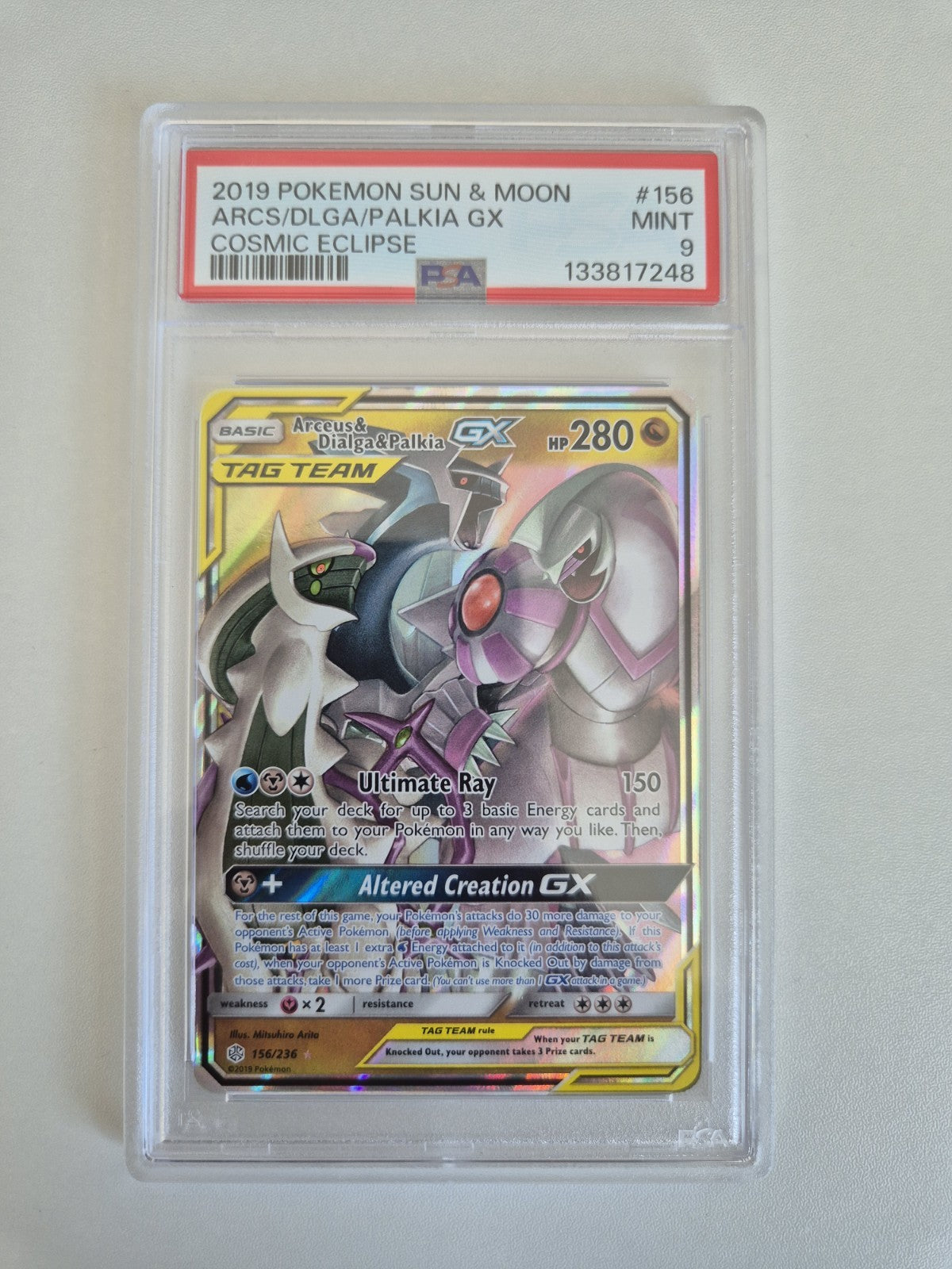PSA 9 Arceus Dialga Palkia GX Cosmic Eclipse Tag Team Card 156/236 Pokemon MINT
