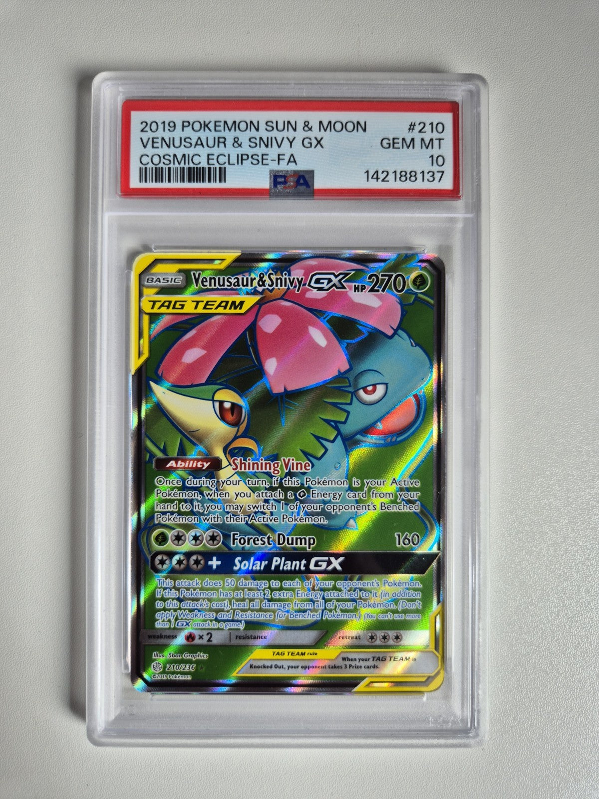 PSA 10 Venusaur & Snivy GX 210/236 Cosmic Eclipse Tag Team Holo Pokémon GEM MINT