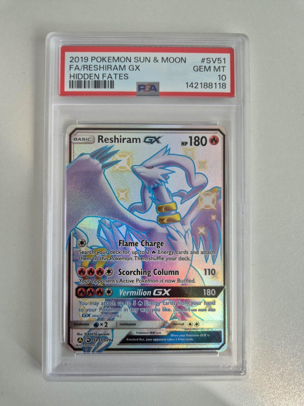 PSA 10 Reshiram GX SV51/SV94 Hidden Fates Full Art Pokemon Card GEM MINT