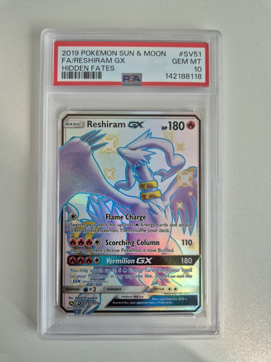 PSA 10 Reshiram GX SV51/SV94 Hidden Fates Full Art Pokemon Card GEM MINT